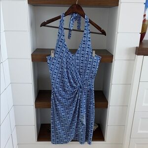 Tommy Bahama Blue & White Halter Backless Knot-Front Dress